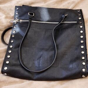 Steve Madden Black Studded Tote – Embossed Logo Shoulder Bag